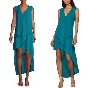 BCBGMAXAZRIA Tara Sleeveless Cascade-Ruffle High-Low Midi Maxi Dress Spruce XS